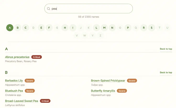 The field guide showing a partial filter match for "pea".